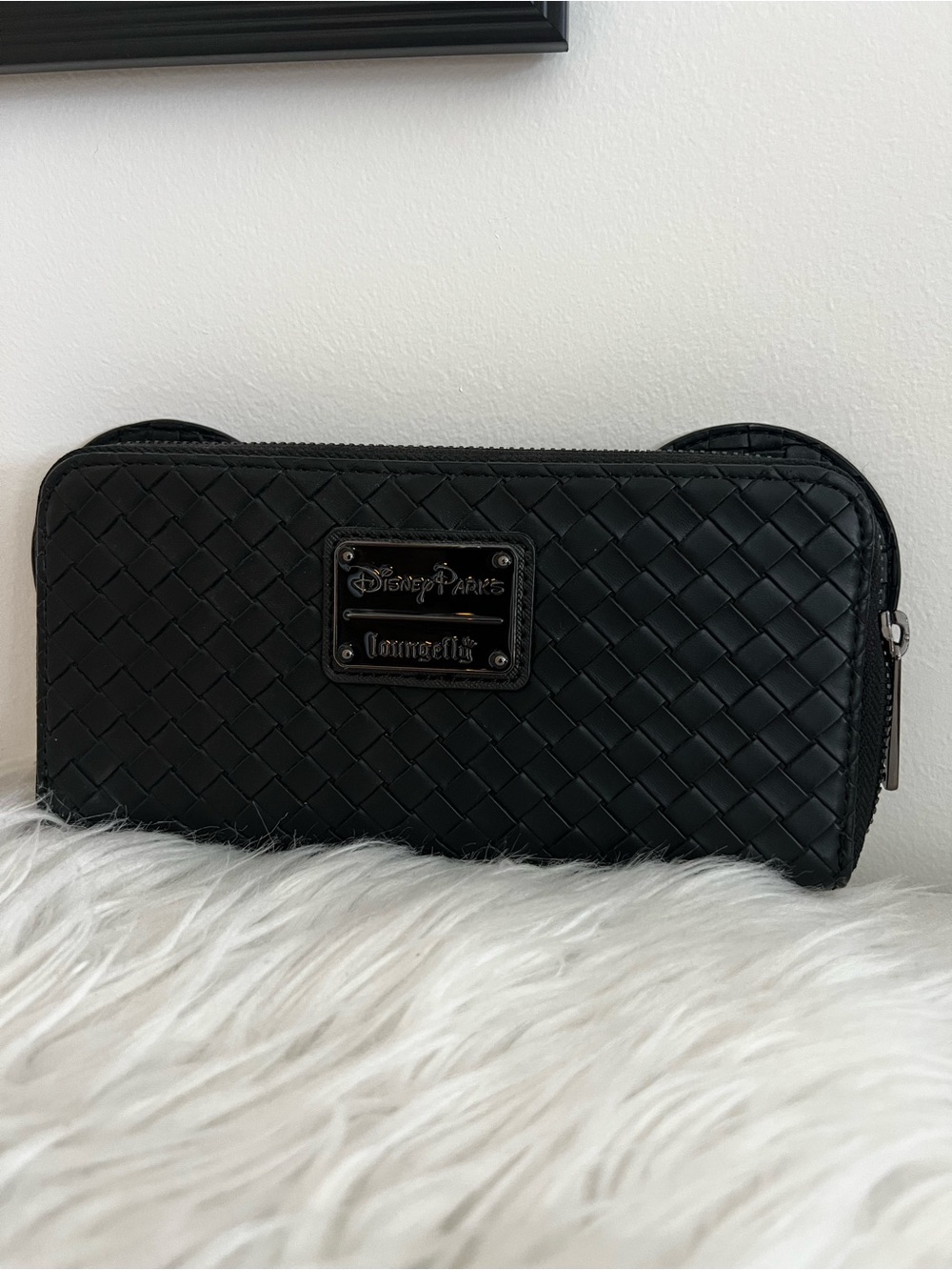 Loungefly Black Woven Zip Wallet with Disney Parks Plaque